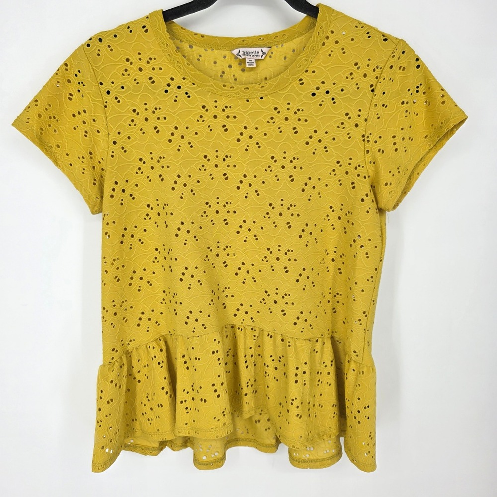 Nanette Lepore Mustard Yellow Eyelet Peplum Top Short Sleeve Floral Knit XS